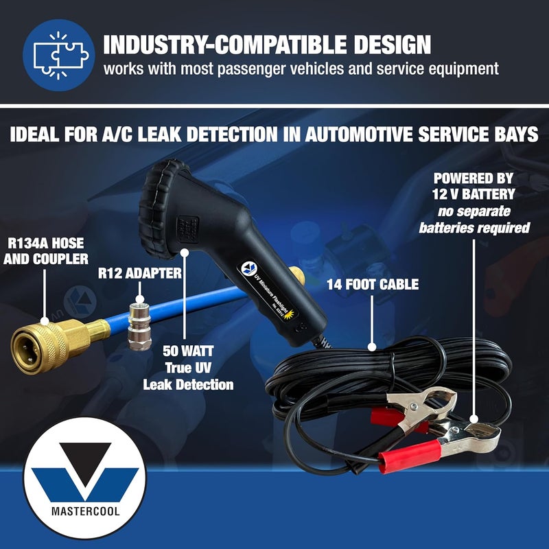 MASTERCOOL 53351 Professional UV Leak Detection Kit – 12V High-Intensity Light – Detects A/C, Coolant, Fuel, Oil, ATF Leaks – Includes Universal Dyes, Glasses, R134a & R12 Compatible - Image 4